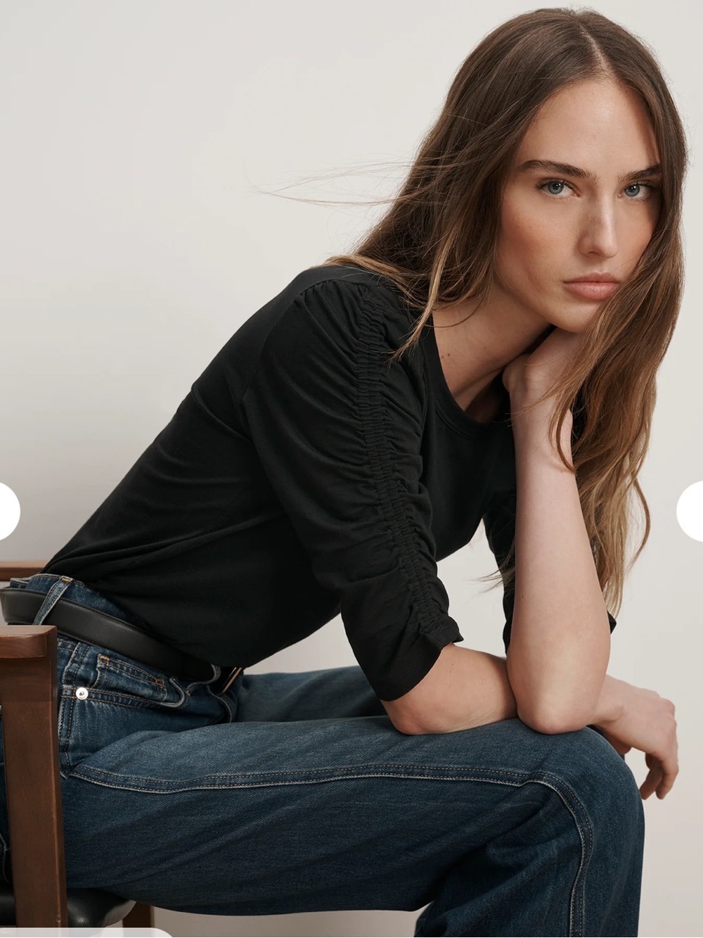 Veronica Beard Waldorf Ruched-Sleeve T-Shirt in Black